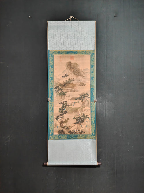 A wall scroll hanging painting of Qiu Ying's landscape on Chinese Xuan paper for the central hall decoration