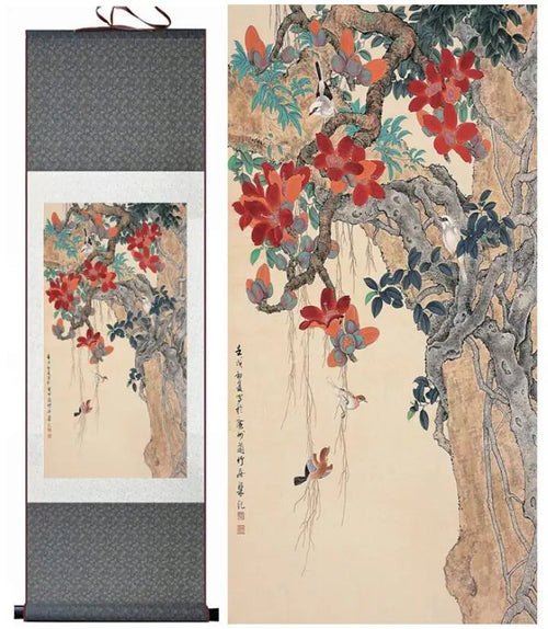 Birds and Flower Painting – Silk Scroll, Traditional Chinese Birds Printed Painting