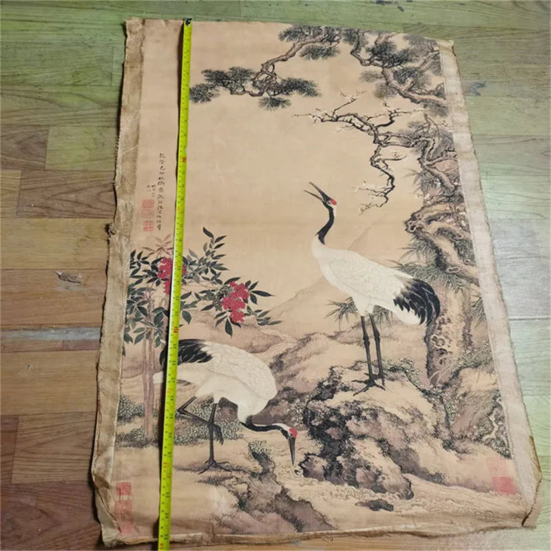 Chinese Rice Paper Scroll Wall Art with Double Crane Motif