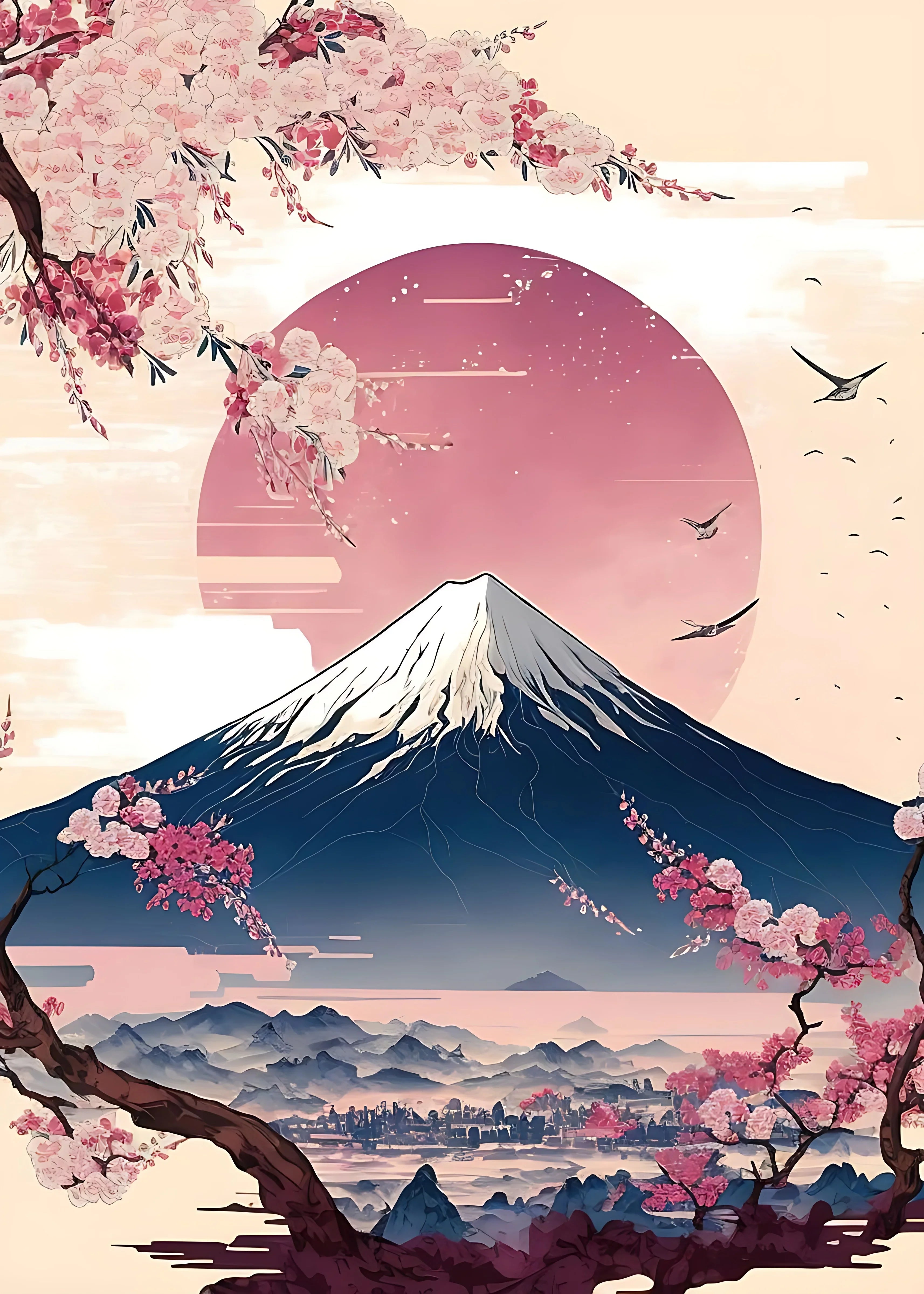 Japanese Cherry Blossom Fuji Mountain Sunset Tokyo Scenery Poster HD Printed Canvas Painting Wall Art Pictures Room Home Decor