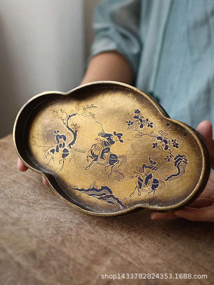 Imitation Bronze Teapot Pad – Painted “Brass” Plate Tea Tray with Seal-Cutting Motif