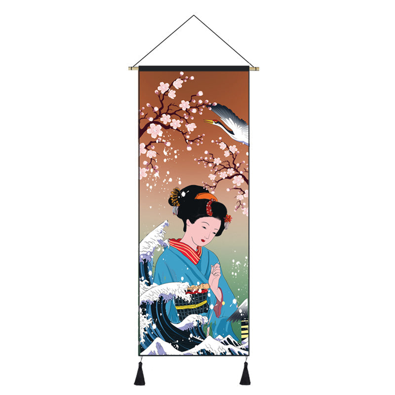 Japanese Style Scroll Painting of Crane, Landscape, or Lady
