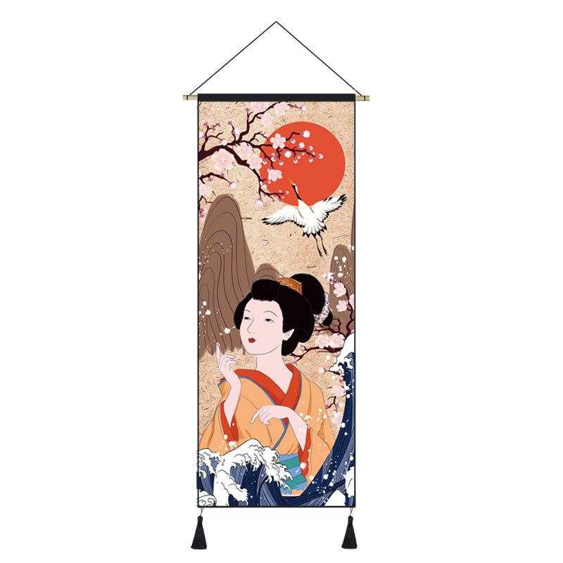 Japanese Style Scroll Painting of Crane, Landscape, or Lady
