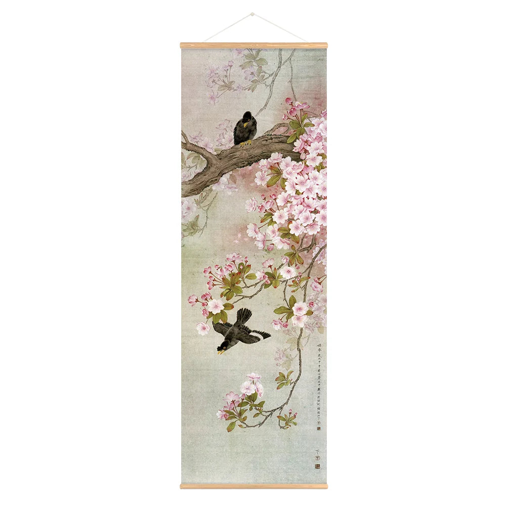 Retro Chinese Flower Birds Scroll Canvas Wall Art Poster Vintage Lotus Nature Landscape Scroll Painting for Bedroom Office Decor