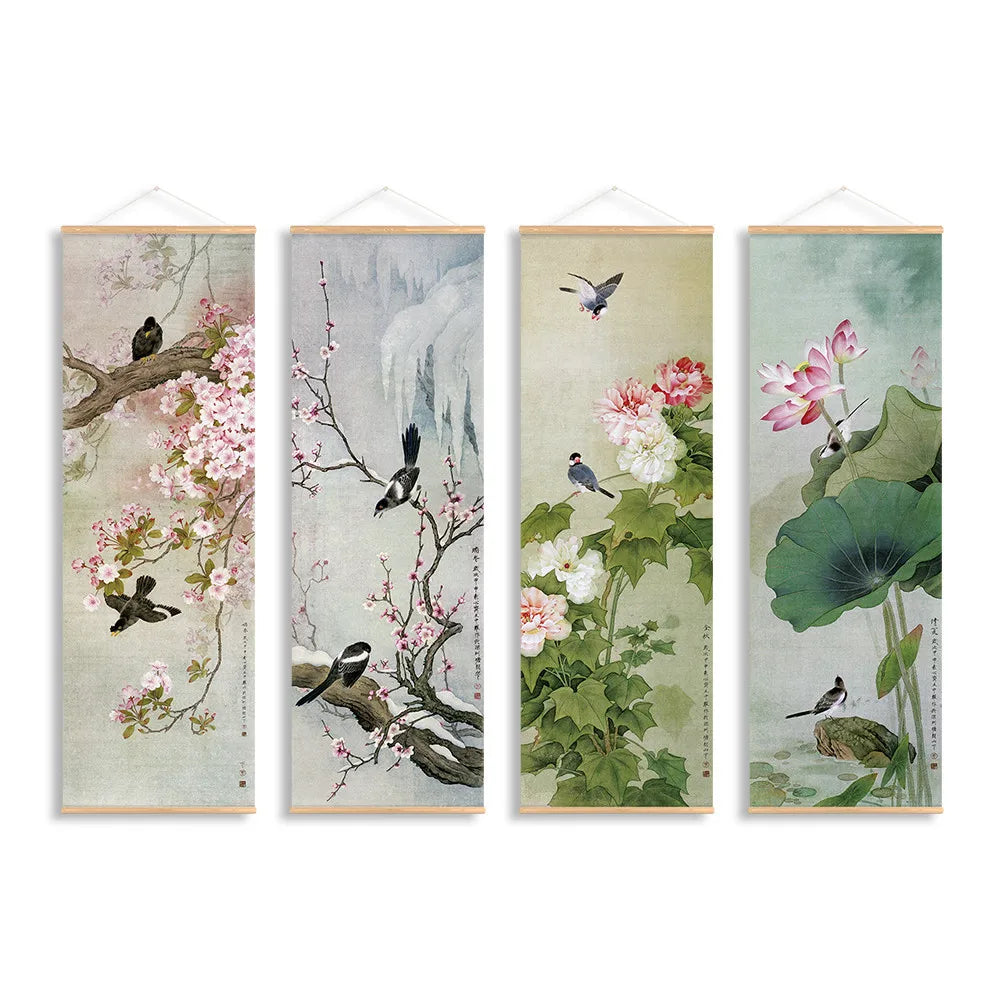 Retro Chinese Flower Birds Scroll Canvas Wall Art Poster Vintage Lotus Nature Landscape Scroll Painting for Bedroom Office Decor