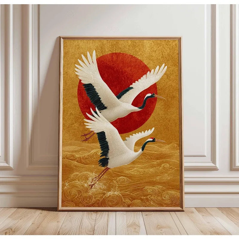 Japanese Elegant Crane Birds Nature Poster Flying Cranes in Gold and White Canvas Painting Asian Wall Art Living Room Home Decor