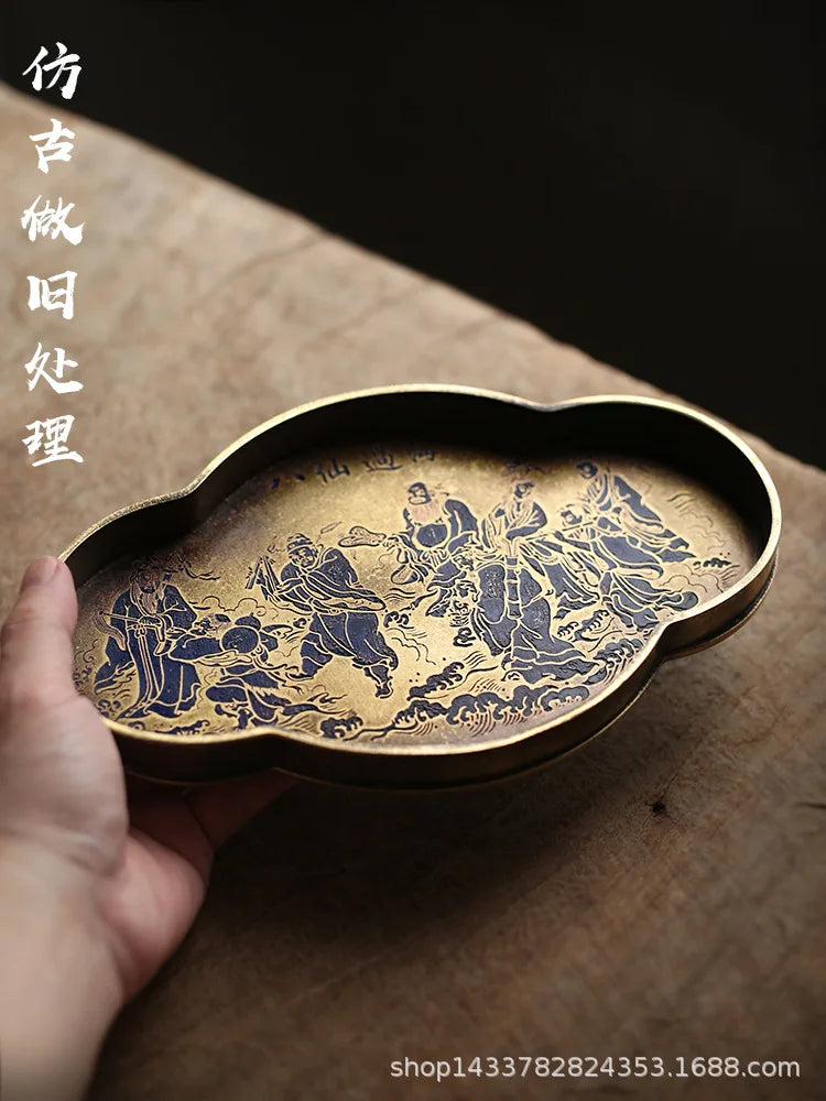 Imitation Bronze Teapot Pad – Painted “Brass” Plate Tea Tray with Seal-Cutting Motif