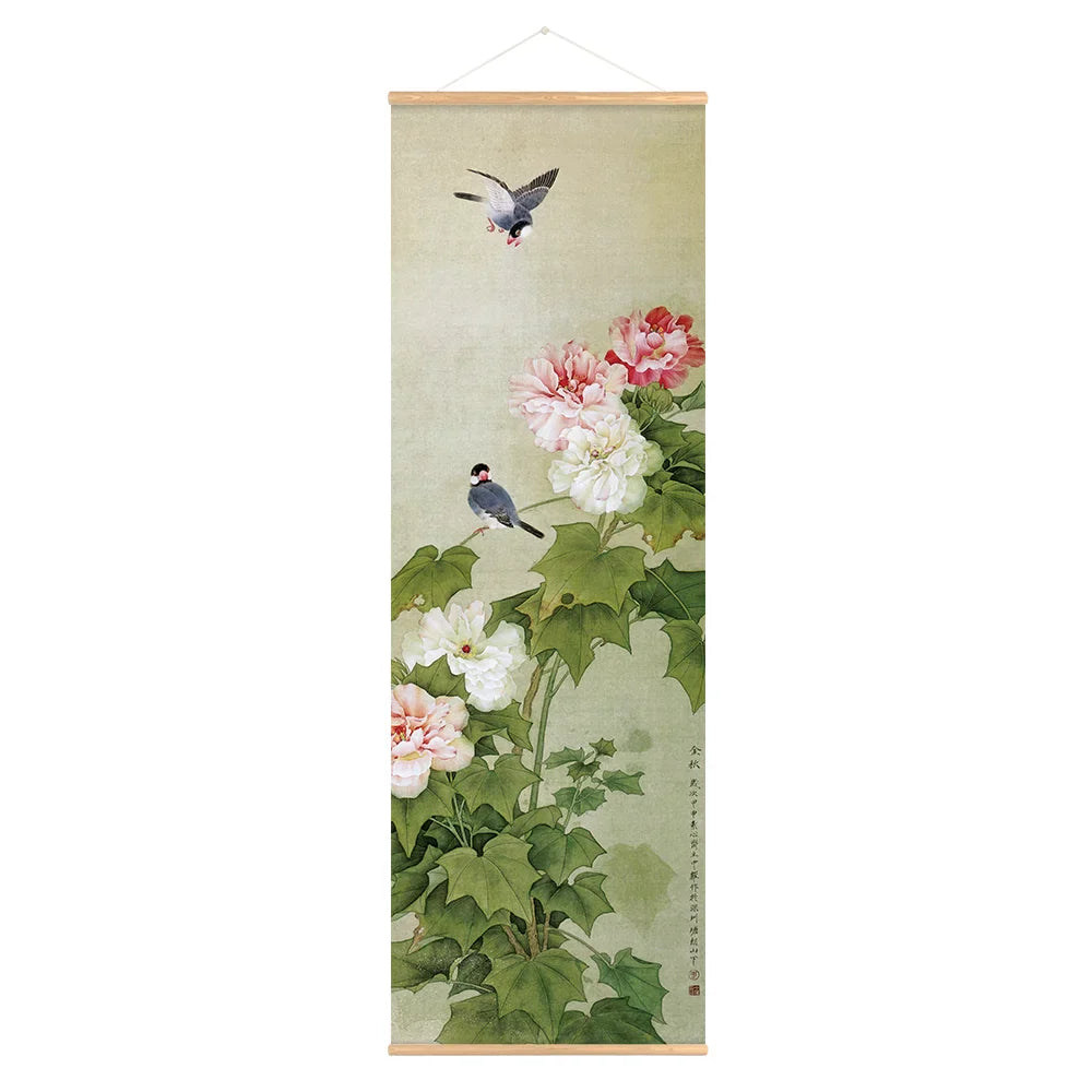 Retro Chinese Flower Birds Scroll Canvas Wall Art Poster Vintage Lotus Nature Landscape Scroll Painting for Bedroom Office Decor