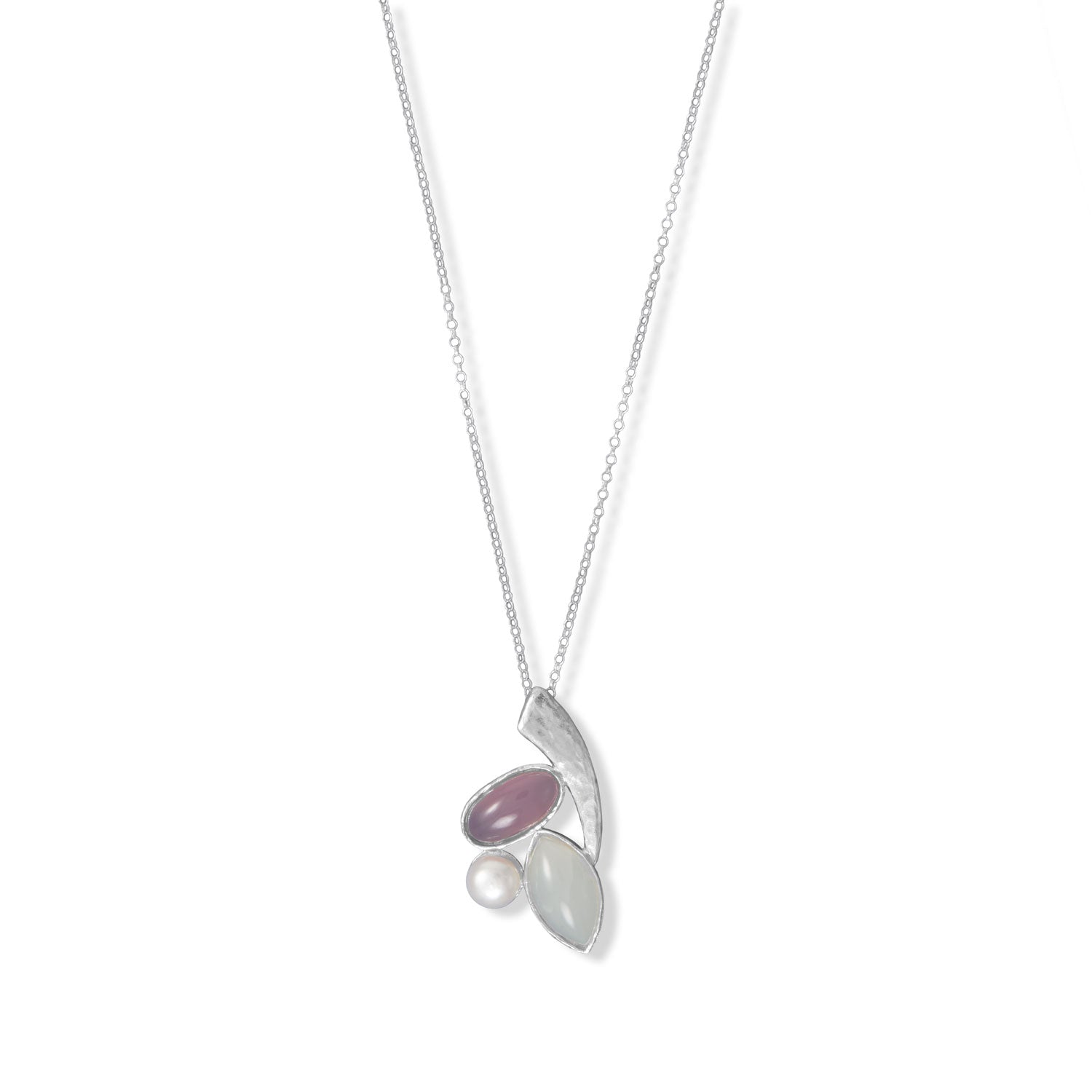 Rainbow Moonstone, Pearl & Pink Chalcedony Pendant Necklace