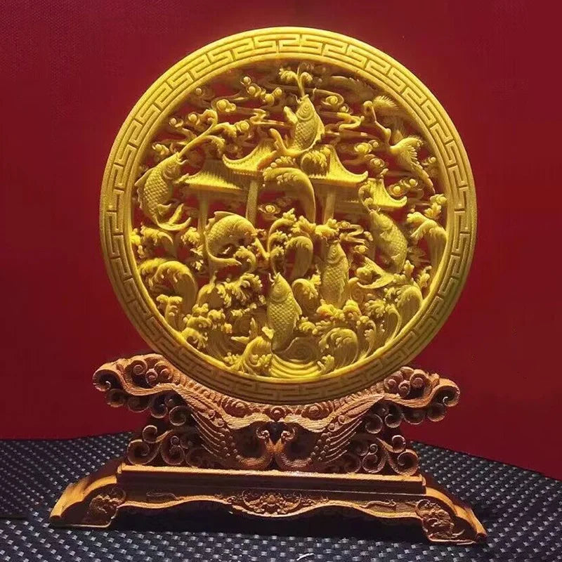 Wood Carving Dragon and Phoenix Round Carving Art Statue High Quality