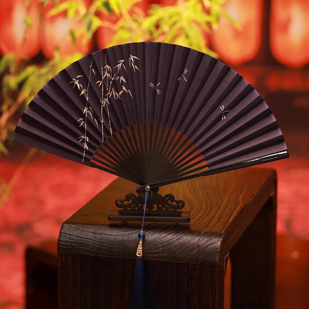 Chinese Silk Folding Fan, 7" Embroidered Bamboo, Unisex