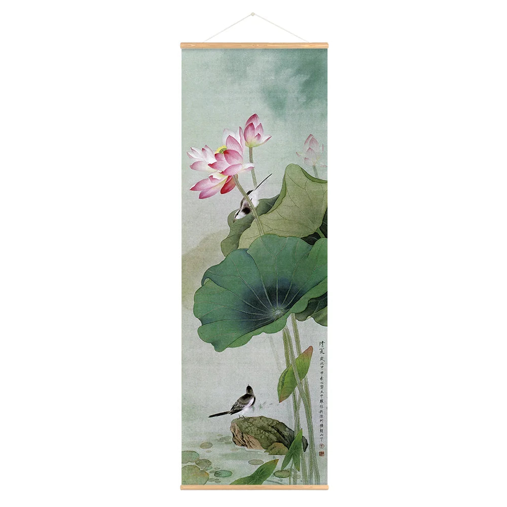 Retro Chinese Flower Birds Scroll Canvas Wall Art Poster Vintage Lotus Nature Landscape Scroll Painting for Bedroom Office Decor