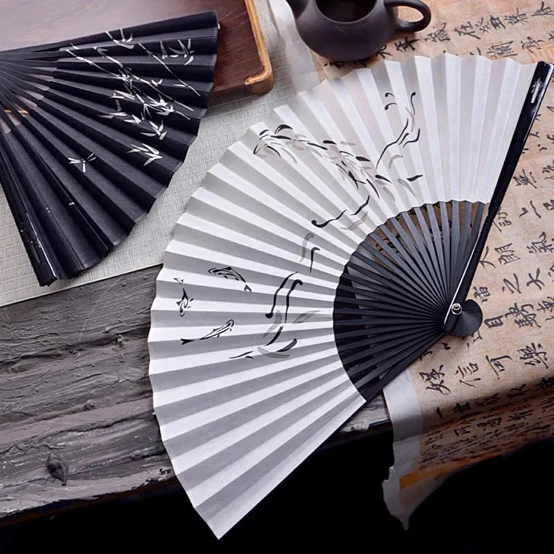 Chinese Silk Folding Fan, 7" Embroidered Bamboo, Unisex