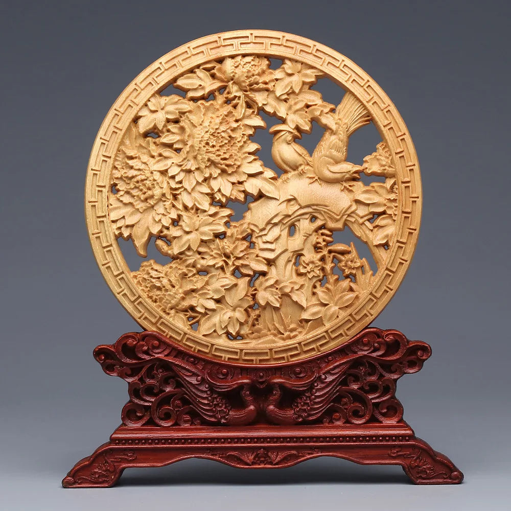 Wood Carving Dragon and Phoenix Round Carving Art Statue High Quality