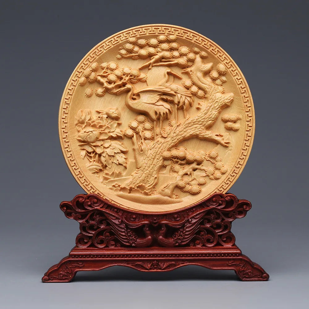 Wood Carving Dragon and Phoenix Round Carving Art Statue High Quality