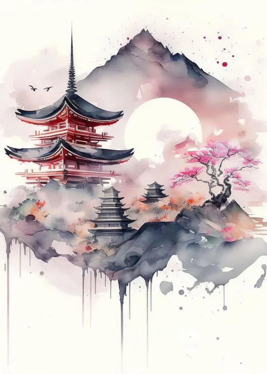 Japanese Cherry Blossom Fuji Mountain Sunset Tokyo Scenery Poster HD Printed Canvas Painting Wall Art Pictures Room Home Decor