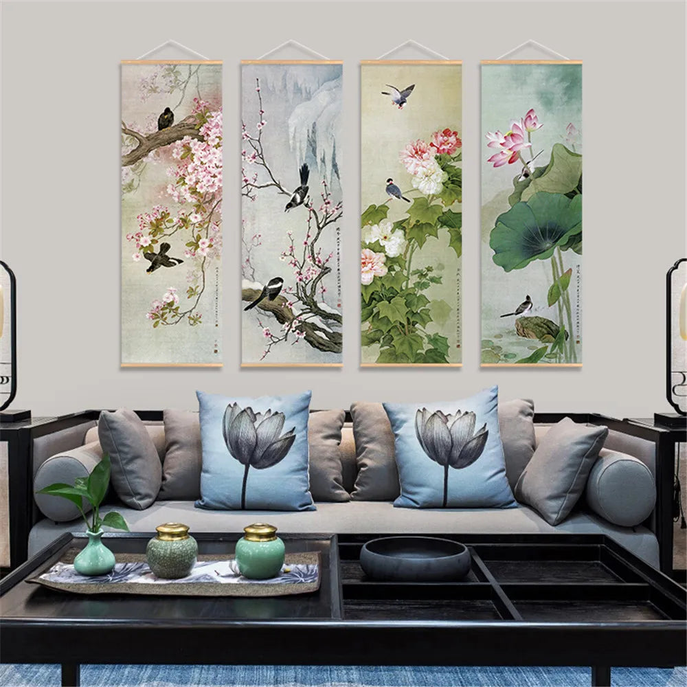 Retro Chinese Flower Birds Scroll Canvas Wall Art Poster Vintage Lotus Nature Landscape Scroll Painting for Bedroom Office Decor