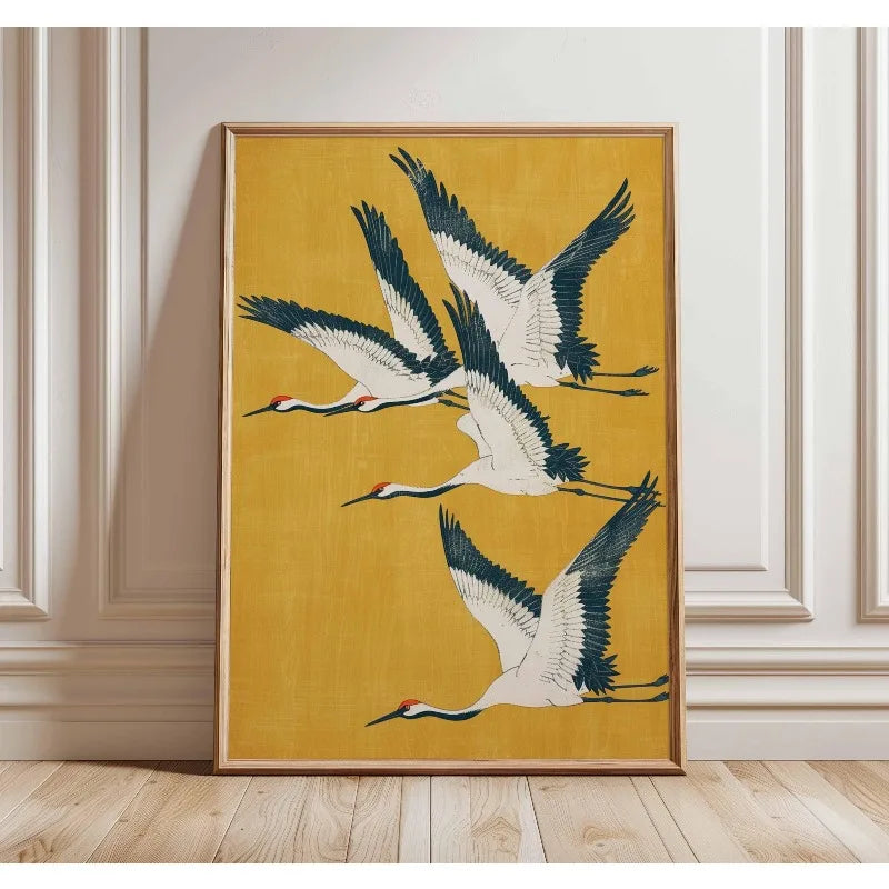 Japanese Elegant Crane Birds Nature Poster Flying Cranes in Gold and White Canvas Painting Asian Wall Art Living Room Home Decor
