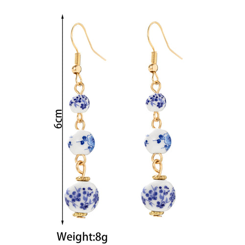 Blue and White Porcelain Bead Long Dangle Earrings