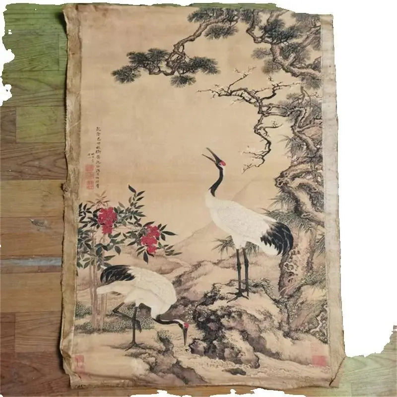 Chinese Rice Paper Scroll Wall Art with Double Crane Motif