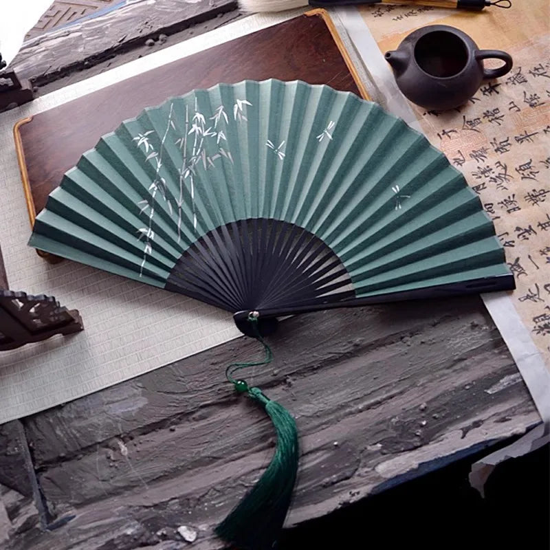 Chinese Silk Folding Fan, 7" Embroidered Bamboo, Unisex