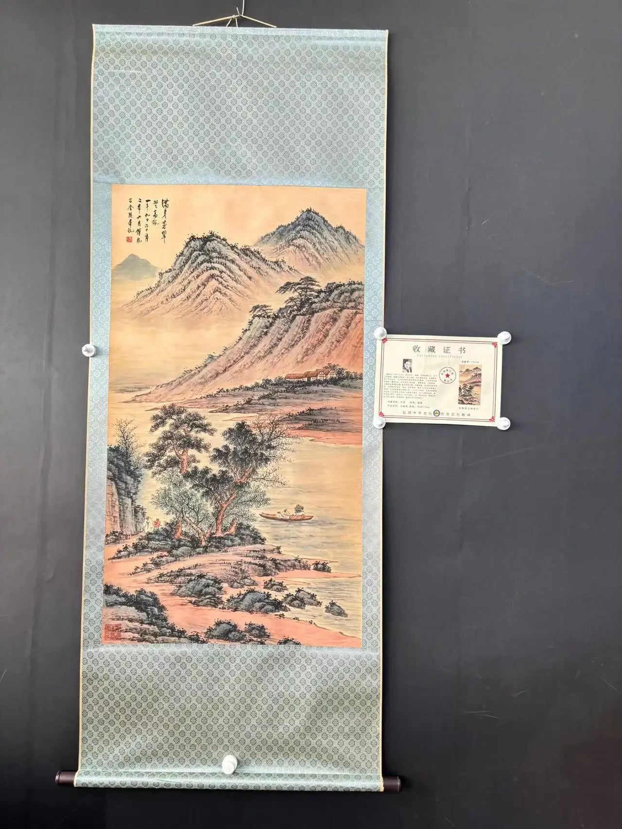 Antique Chinese Hand-Painted Pine Landscape Scroll with Certificate