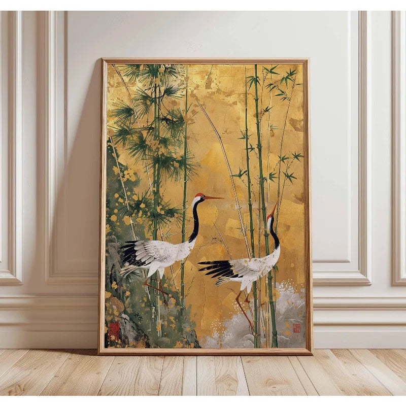 Japanese Elegant Crane Birds Nature Poster Flying Cranes in Gold and White Canvas Painting Asian Wall Art Living Room Home Decor