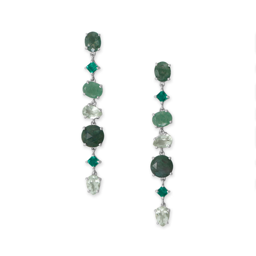 Green Multi Stone Long Dangling Post Earrings