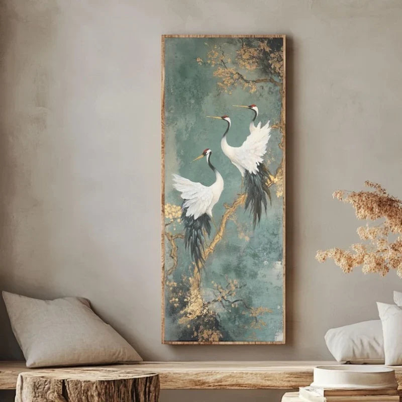 Japanese Style Golden Crane Decorative Poster, Luxury Canvas Painting Vertical Frameless Mural for Entrance Hallway