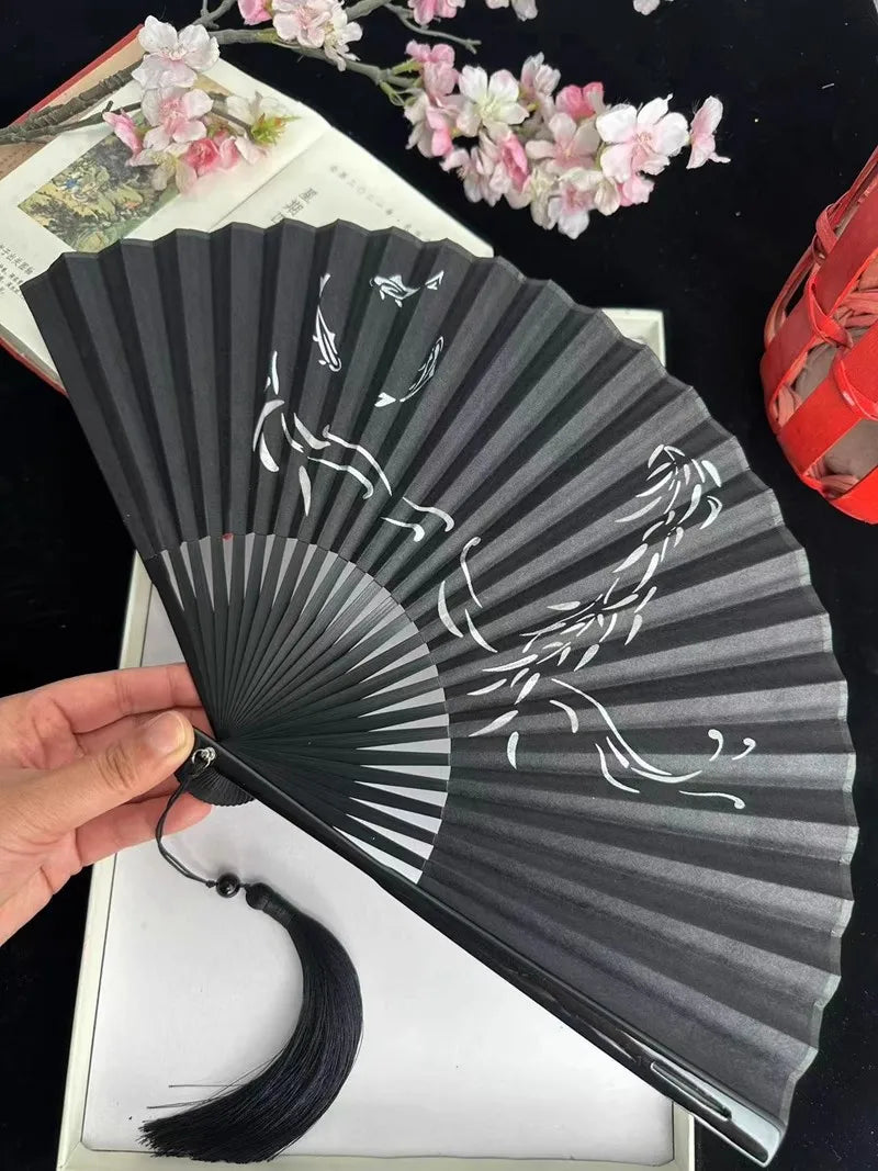 Chinese Silk Folding Fan, 7" Embroidered Bamboo, Unisex