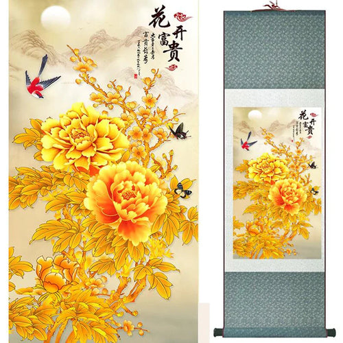 Beautiful Birds and Flowers Silk Scroll Painting for Home or Office