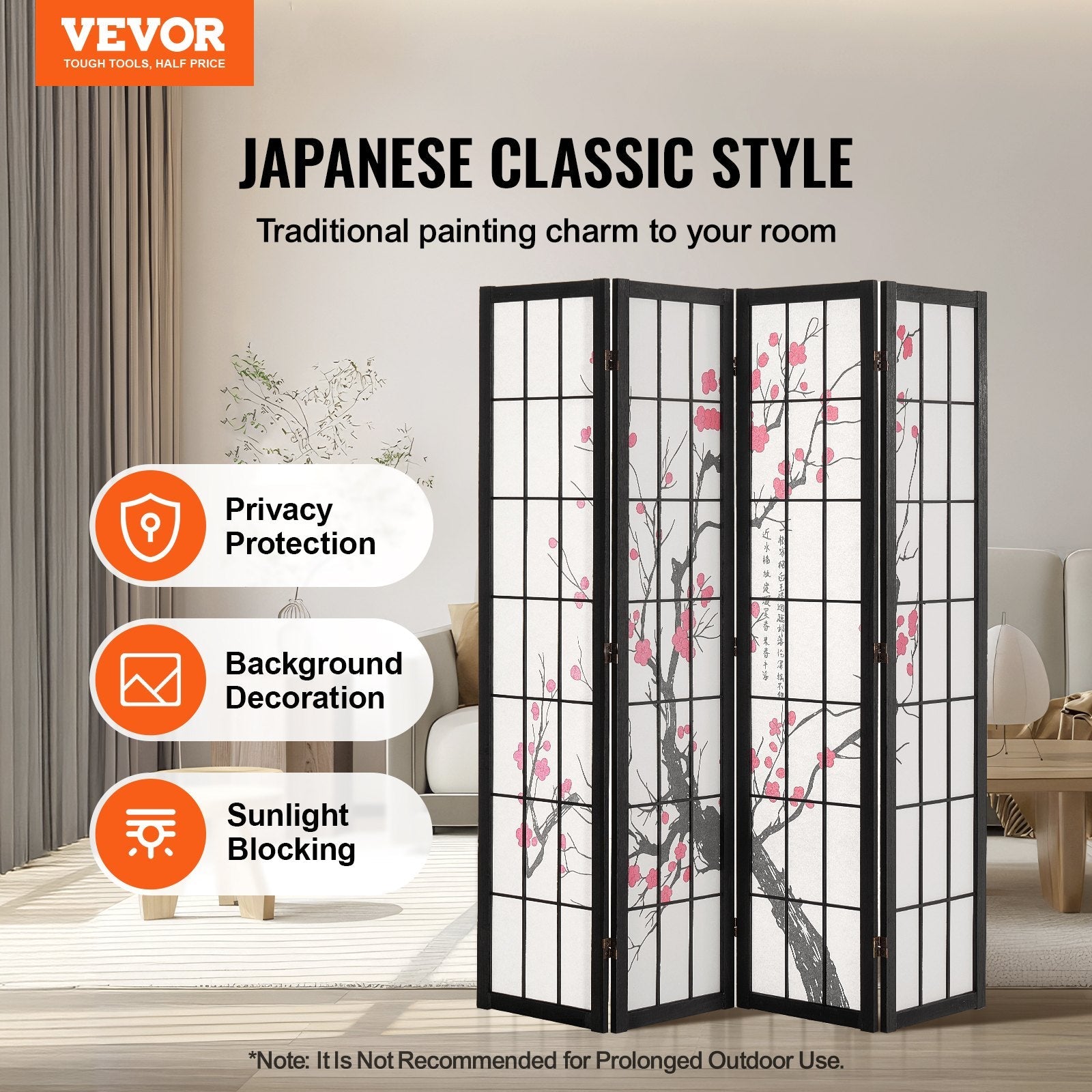 4 Panel Wood Japanese Room Divider Screen for Room Separation Home Office Restaurant & Bedroom
