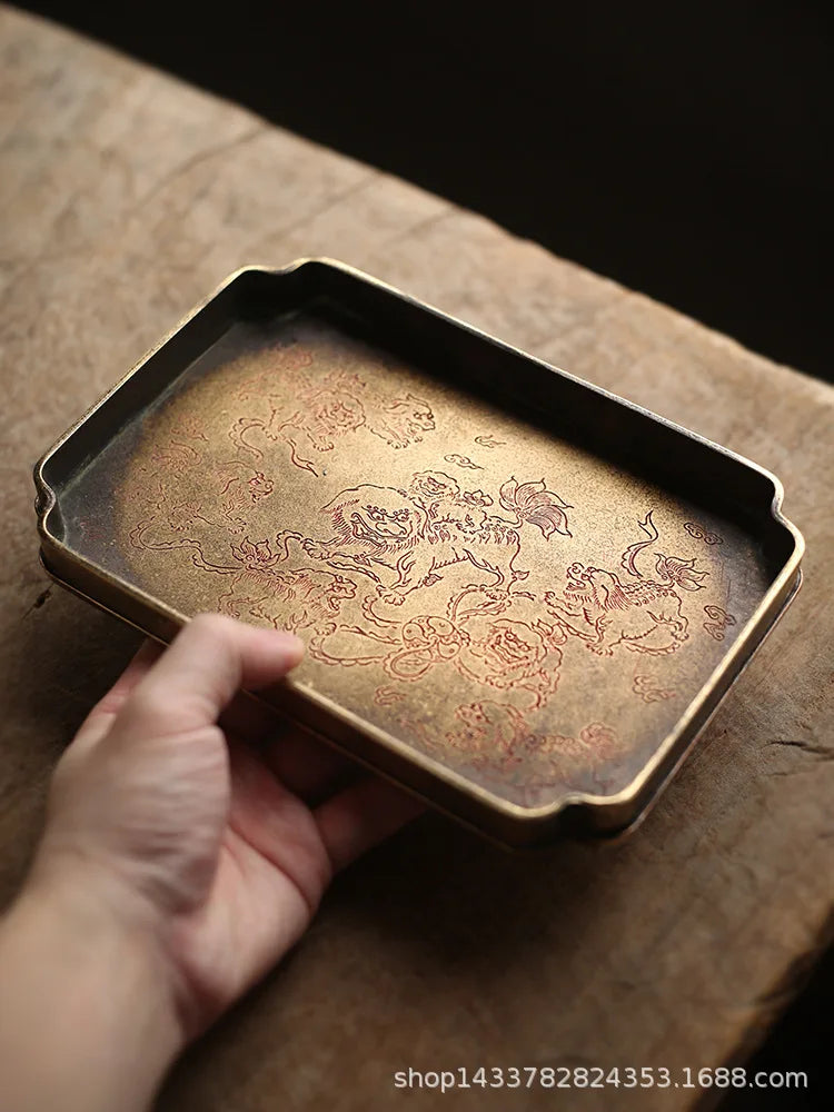 Imitation Bronze Teapot Pad – Painted “Brass” Plate Tea Tray with Seal-Cutting Motif