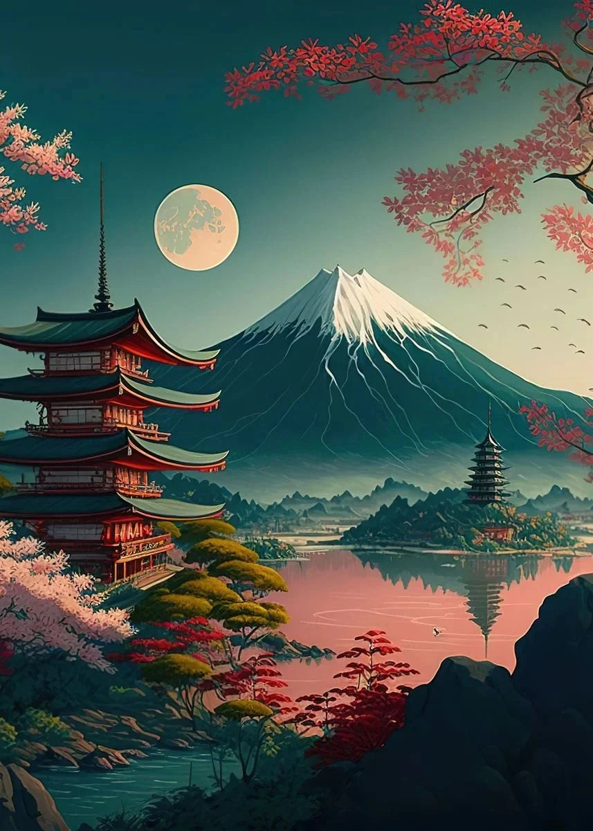 Japanese Cherry Blossom Fuji Mountain Sunset Tokyo Scenery Poster HD Printed Canvas Painting Wall Art Pictures Room Home Decor
