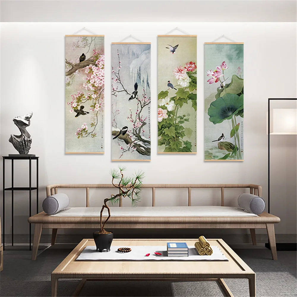 Retro Chinese Flower Birds Scroll Canvas Wall Art Poster Vintage Lotus Nature Landscape Scroll Painting for Bedroom Office Decor