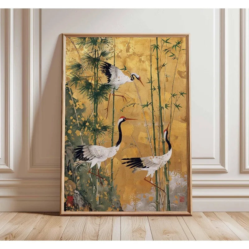 Japanese Elegant Crane Birds Nature Poster Flying Cranes in Gold and White Canvas Painting Asian Wall Art Living Room Home Decor