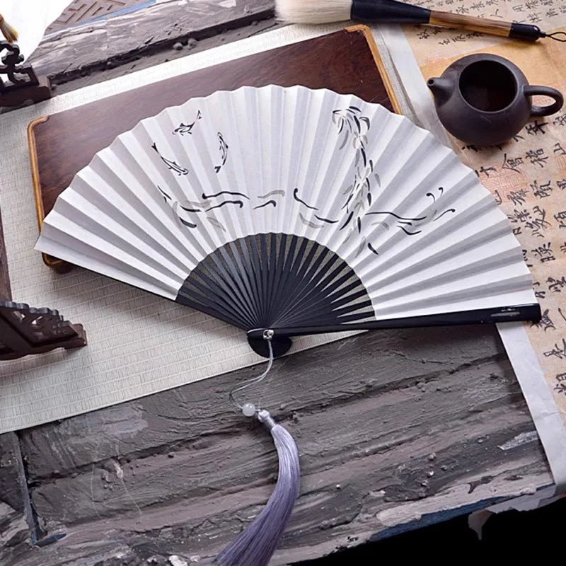 Chinese Silk Folding Fan, 7" Embroidered Bamboo, Unisex