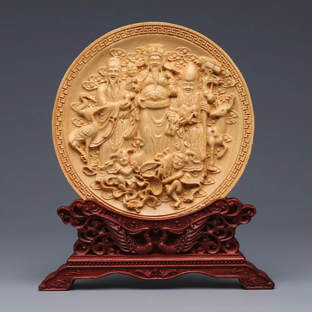 Wood Carving Dragon and Phoenix Round Carving Art Statue High Quality