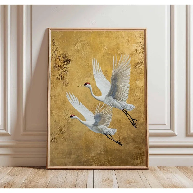 Japanese Elegant Crane Birds Nature Poster Flying Cranes in Gold and White Canvas Painting Asian Wall Art Living Room Home Decor