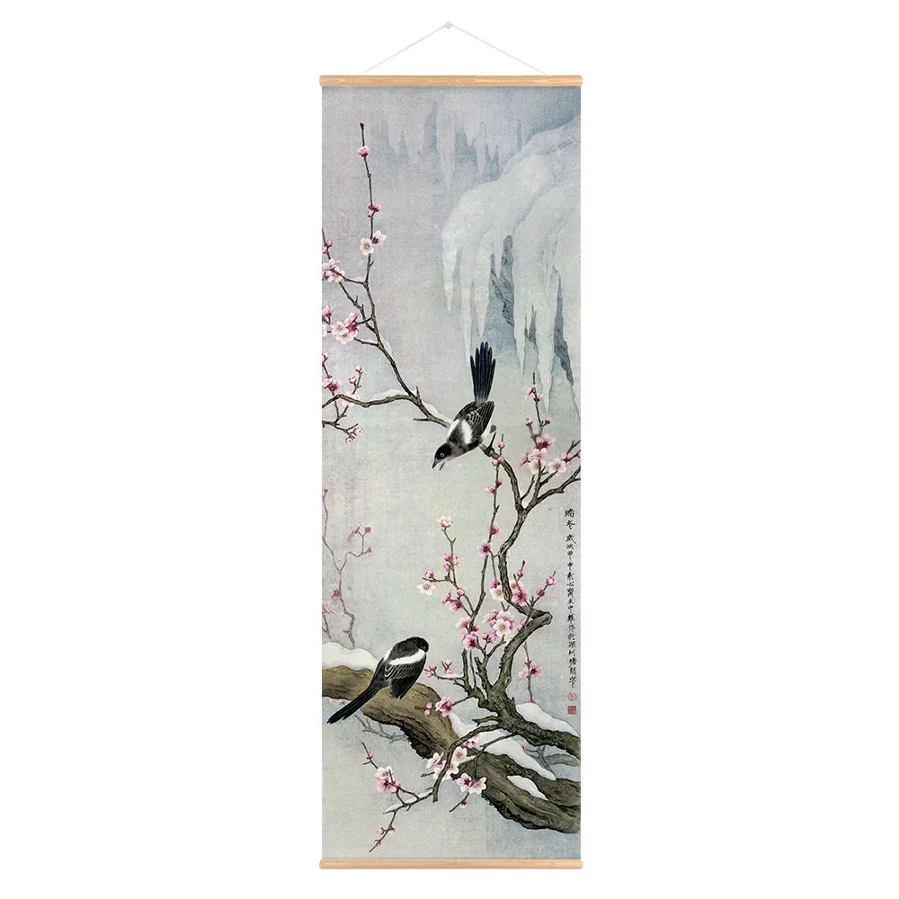 Retro Chinese Flower Birds Scroll Canvas Wall Art Poster Vintage Lotus Nature Landscape Scroll Painting for Bedroom Office Decor