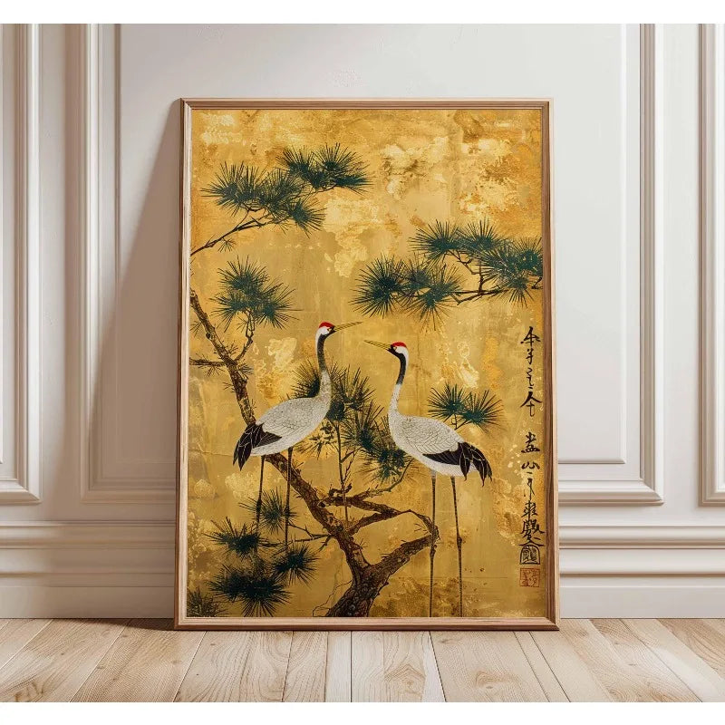 Japanese Elegant Crane Birds Nature Poster Flying Cranes in Gold and White Canvas Painting Asian Wall Art Living Room Home Decor
