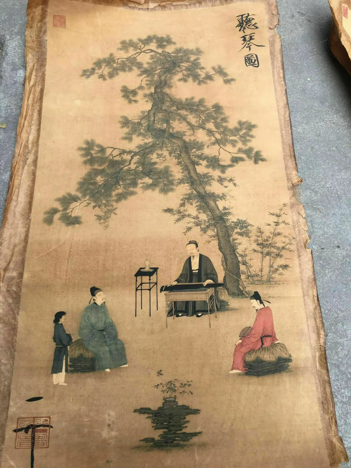 Vintage Chinese Scroll – “Listening to the Qin” Rice Paper Painting Slice