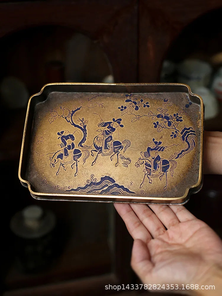 Imitation Bronze Teapot Pad – Painted “Brass” Plate Tea Tray with Seal-Cutting Motif