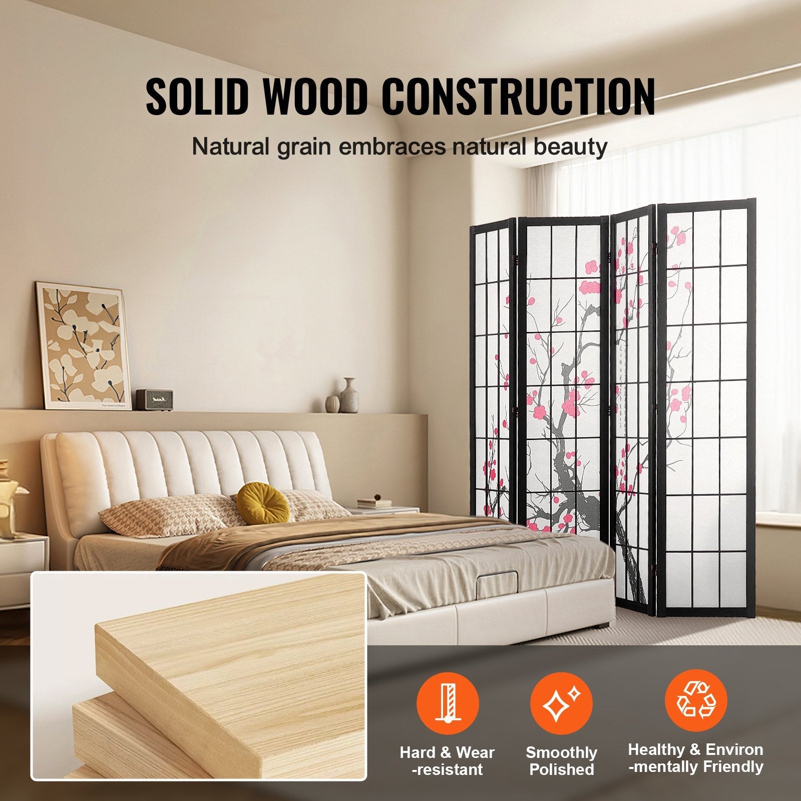 4 Panel Wood Japanese Room Divider Screen for Room Separation Home Office Restaurant & Bedroom