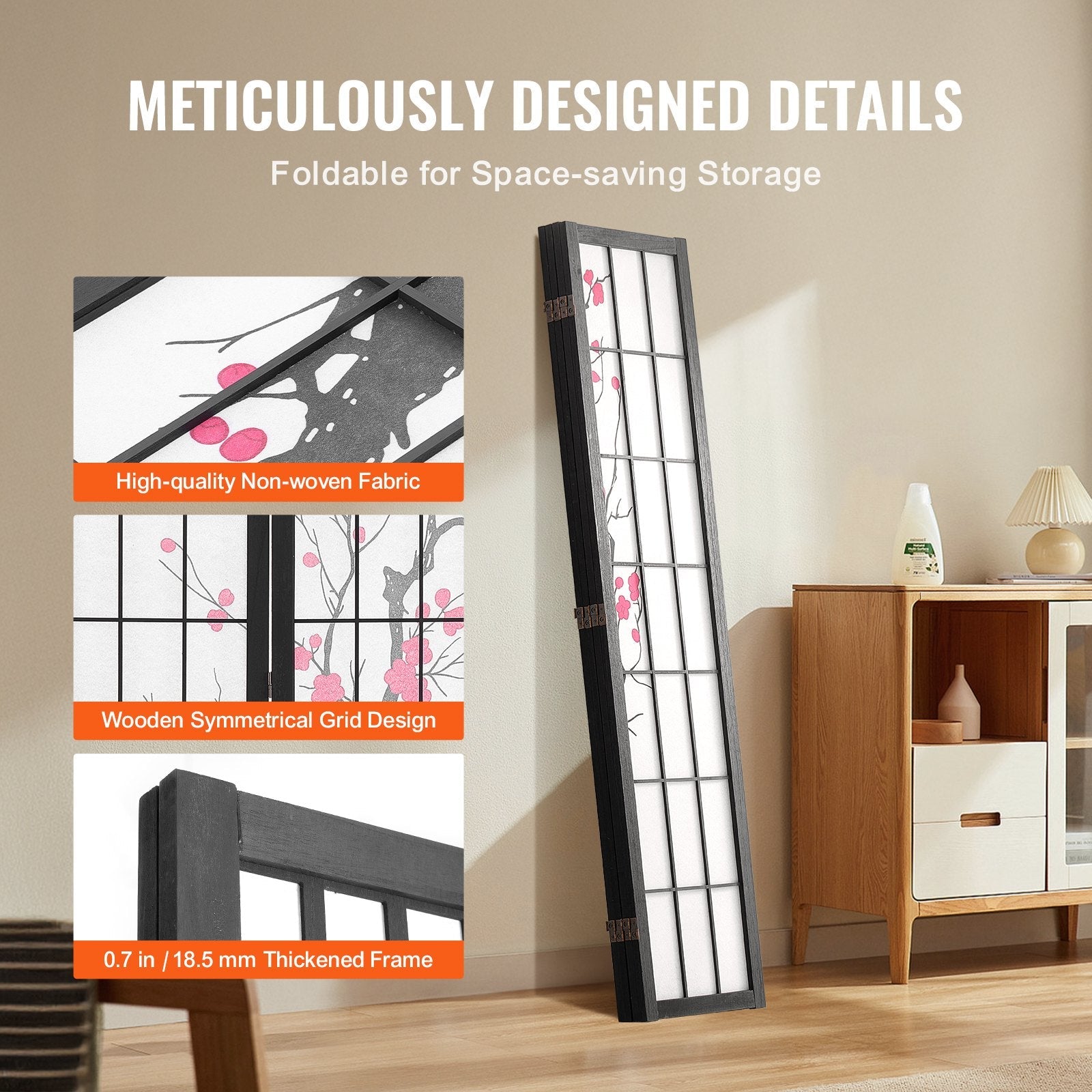 4 Panel Wood Japanese Room Divider Screen for Room Separation Home Office Restaurant & Bedroom