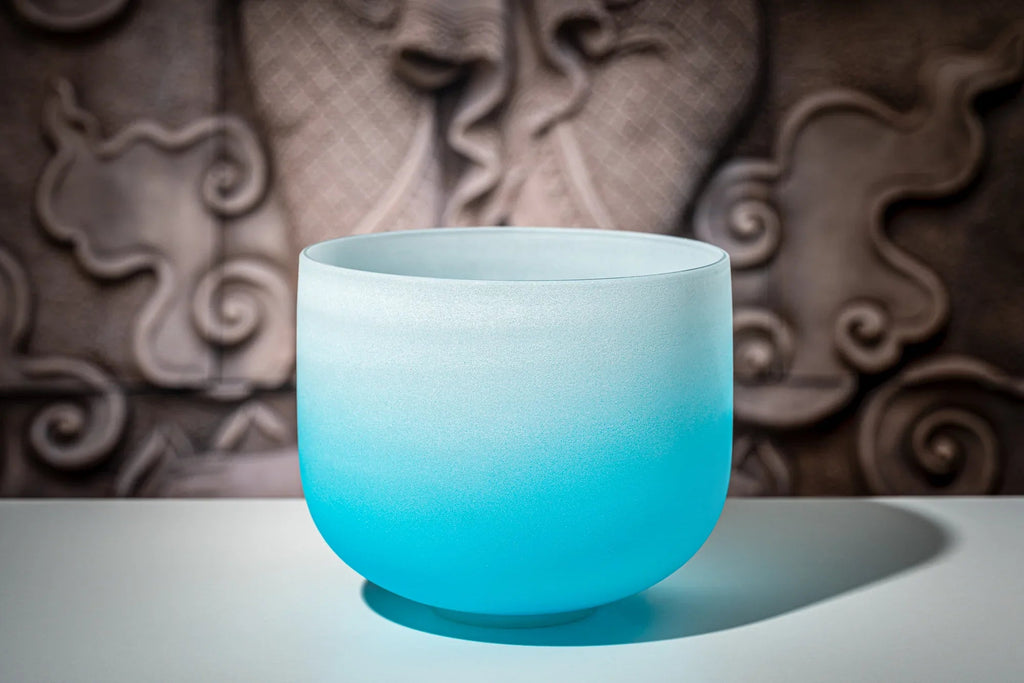 10" Color-Frosted Crystal Singing Bowl, Light Blue, Note G4, Throat Chakra