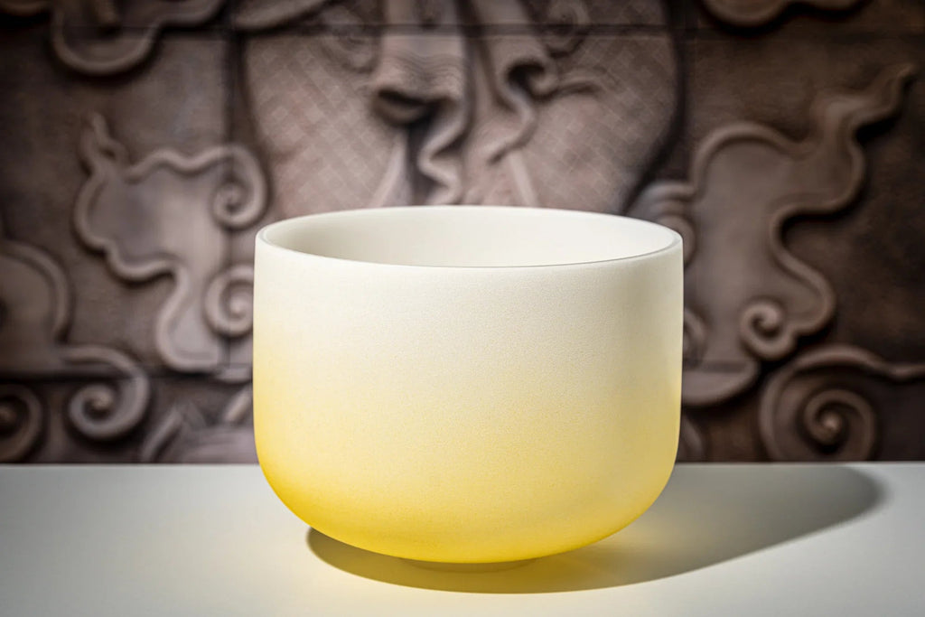 12" Color-Frosted Crystal Singing Bowl, Yellow, Note E4, Solar Plexus Chakra
