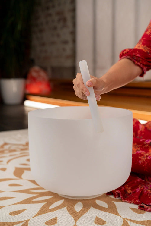 12" White-Frosted Crystal Singing Bowl, Note B3, Crown Chakra