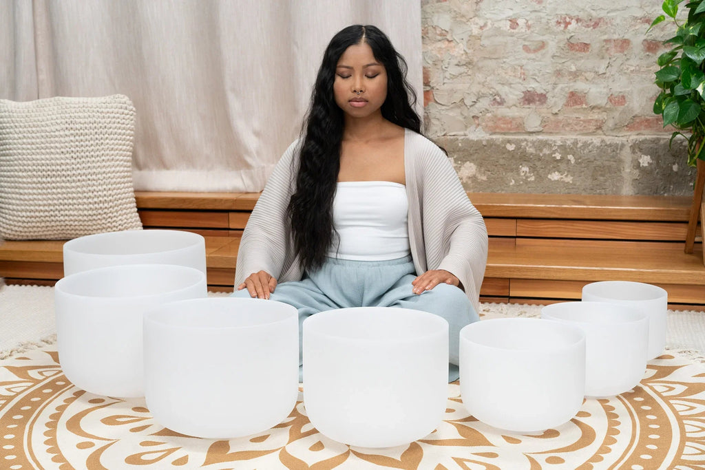 7-Piece White-Frosted Crystal Singing Bowl Chakra Set