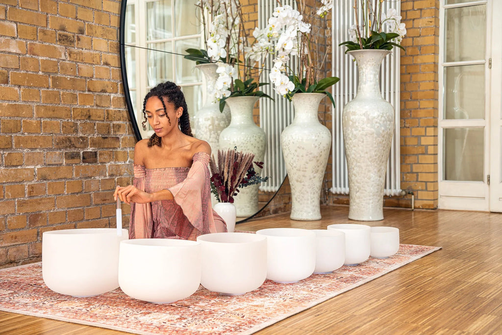 7-Piece White-Frosted Crystal Singing Bowl Chakra Set